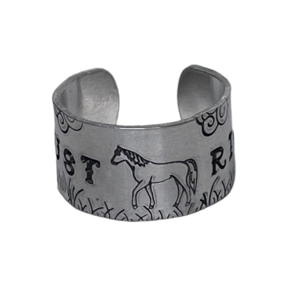 Handmad 9/10 stamped Just Ride Horse scene silver adjustable wide‎ cuff ring - Picture 5 of 7